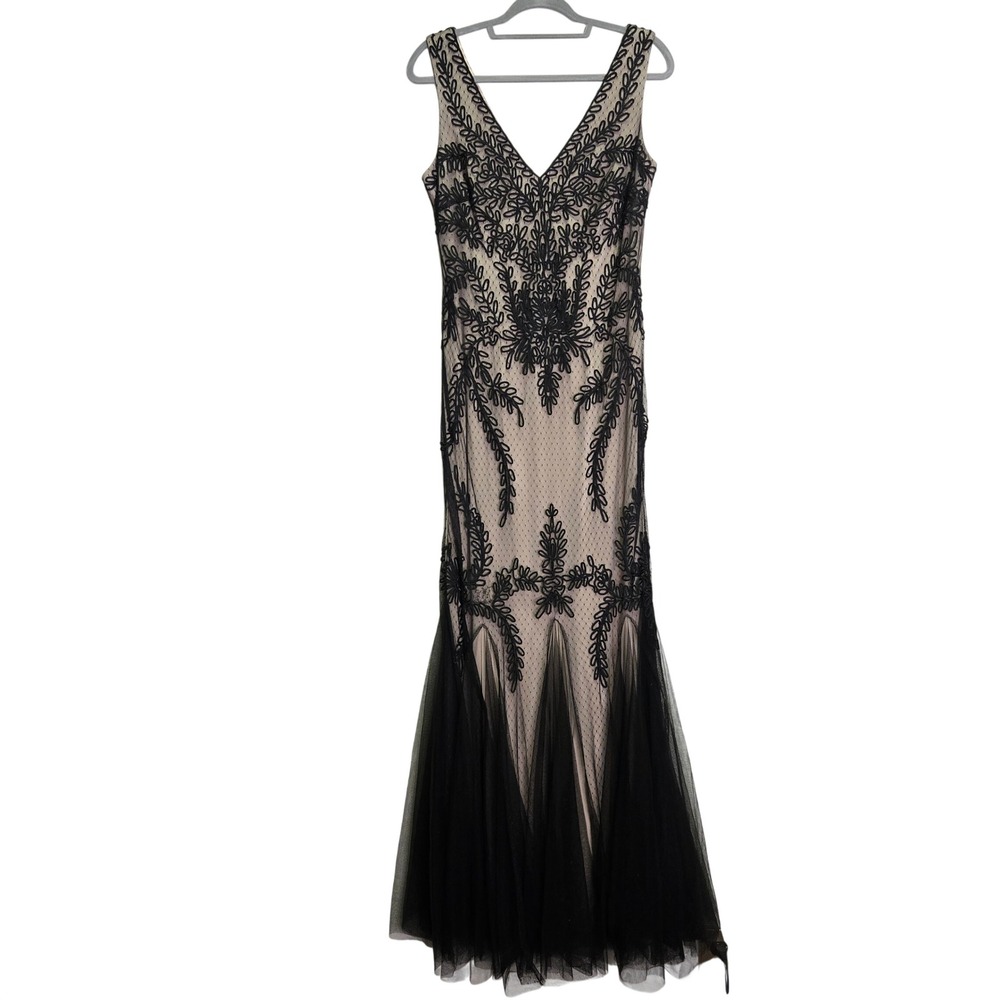 Cachet Soutache Mesh Mermaid Gown V-Neck Formal Prom Dress Large Black Nude